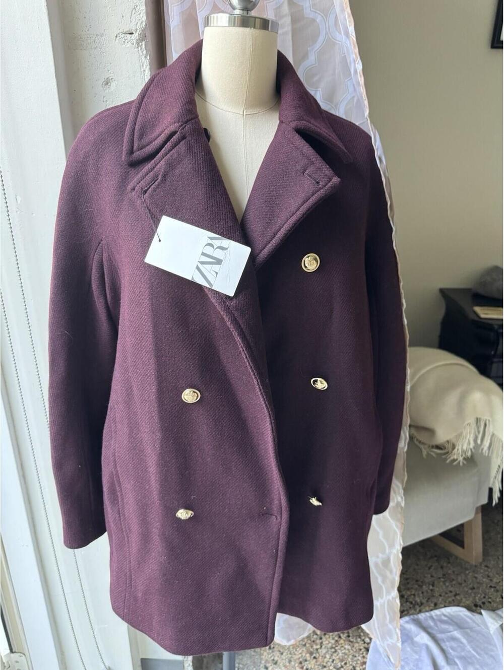 New Zara Wool Blend Trench Coat Sz M Burgundy